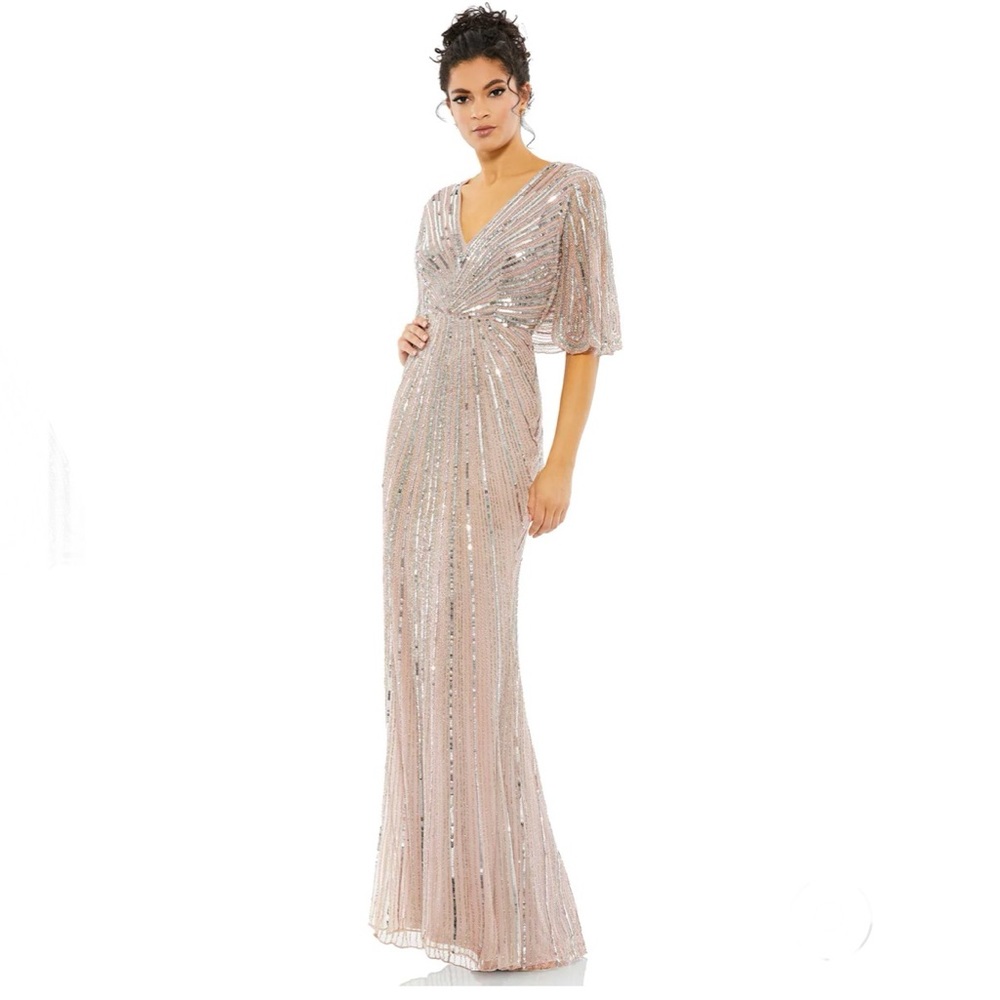 MAC DUGGAL Sequined V Neck Cape Sleeve Column Gown NEW Size 10 Vintage Rose Pink